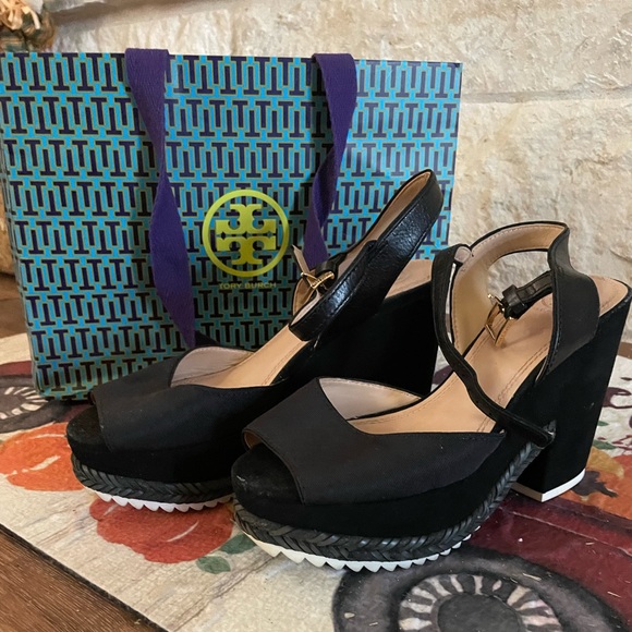 Tory Burch Shoes - Gently used Tory Burch Black Wedges